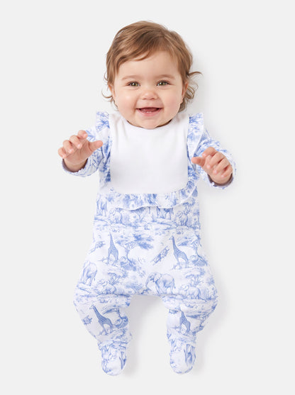 Cotton Baby Grow for Girls with Frilly Bib - Safari Collection - Baby Blue