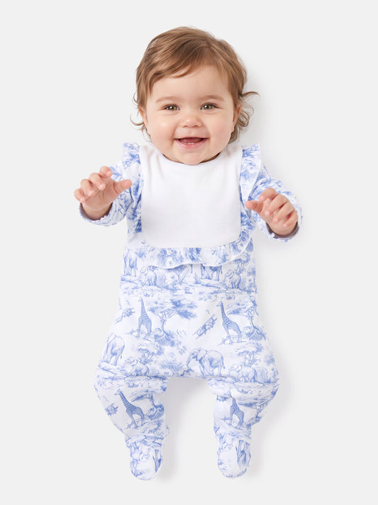 Cotton Baby Grow for Girls with Frilly Bib - Safari Collection - Baby Blue