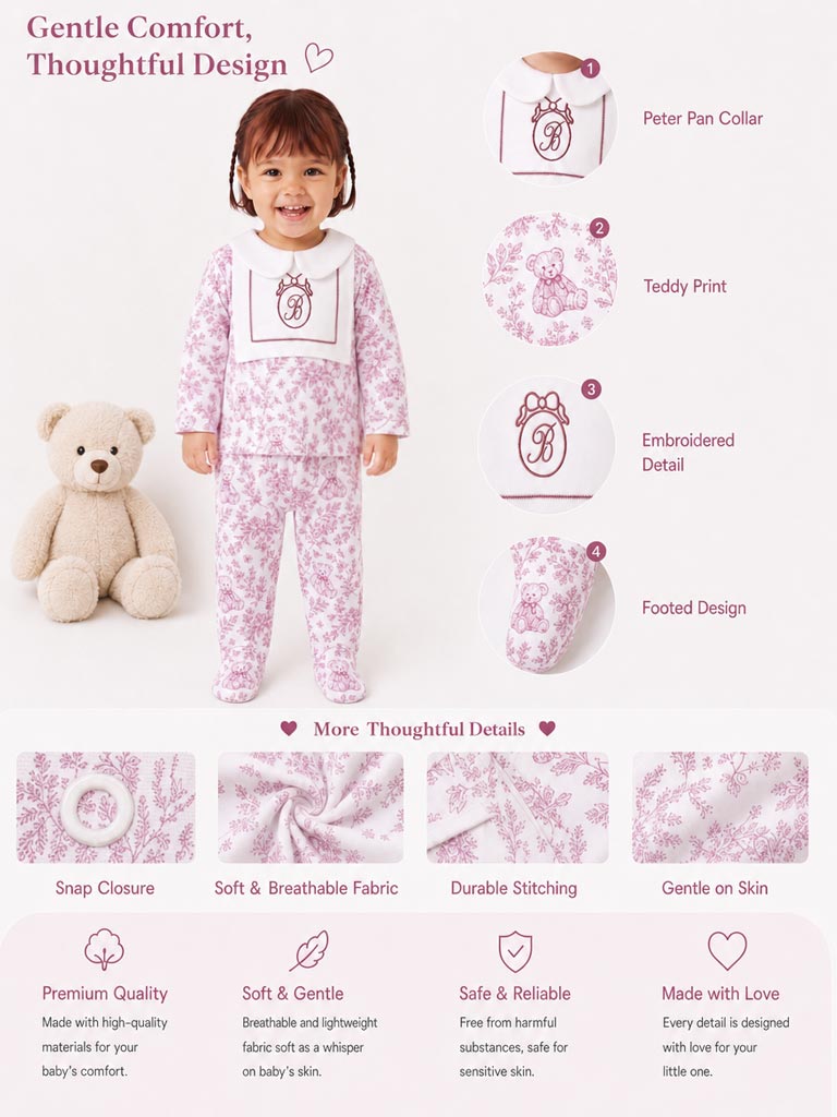 Baby Long-Sleeve 2-Piece Pyjama Set - Teddy Collection - Cherry Red