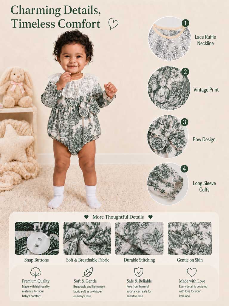 Baby Girl Genoveva Collection Elegant Romper - Sage Green