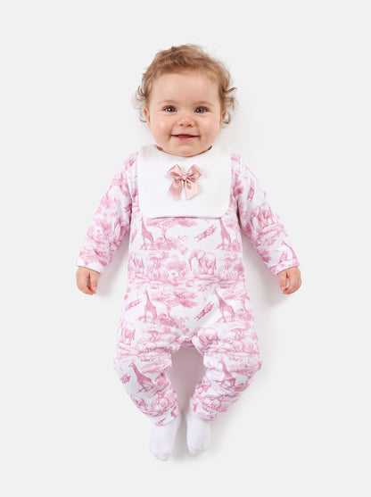 Velour Baby Grow with Attached Small Bib & Bow - Safari Collection - Baby Pink