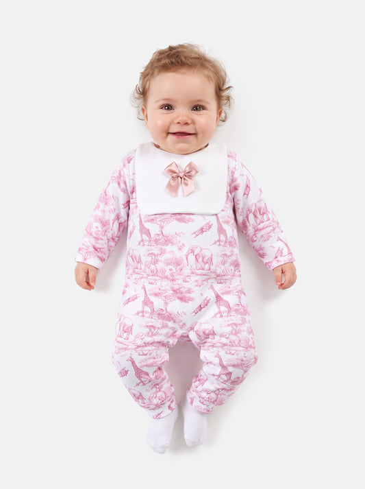 Velour Baby Grow with Attached Small Bib & Bow - Safari Collection - Baby Pink