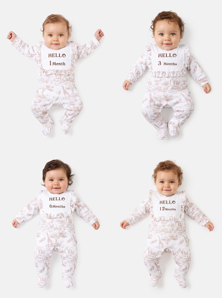 "Hello 1,3,6,12 Months" Embroidered Baby Grow with Frilled Bib - Safari Collection - Beige