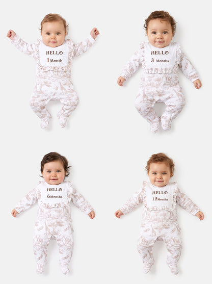 "Hello 1,3,6,12 Months" Embroidered Baby Grow with Frilled Bib - Safari Collection - Beige