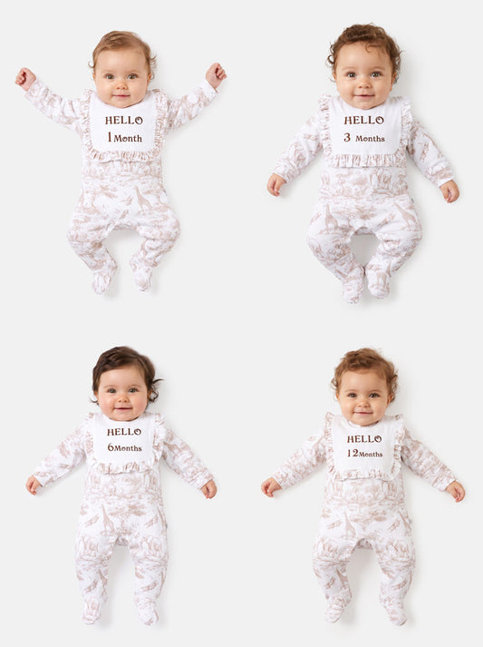 "Hello 1,3,6,12 Months" Embroidered Baby Grow with Frilled Bib - Safari Collection - Beige