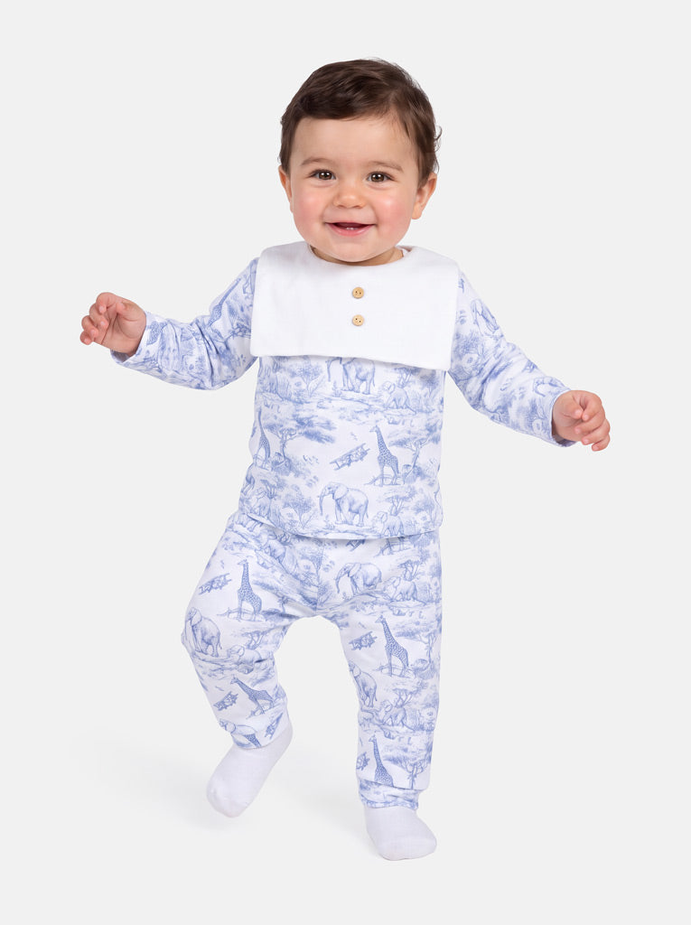 Baby Velour 2-Piece Pyjama Set with Attached Bib and Buttons - Safari Collection - Baby Blue