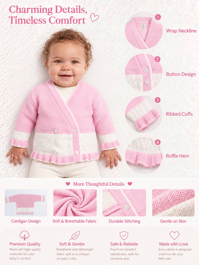 Baby Knitted Cardigan with Two-Tone Patterned Detail & Gift Box - Dusty Pink & White