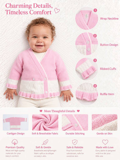 Baby Knitted Cardigan with Two-Tone Patterned Detail & Gift Box - Dusty Pink & White