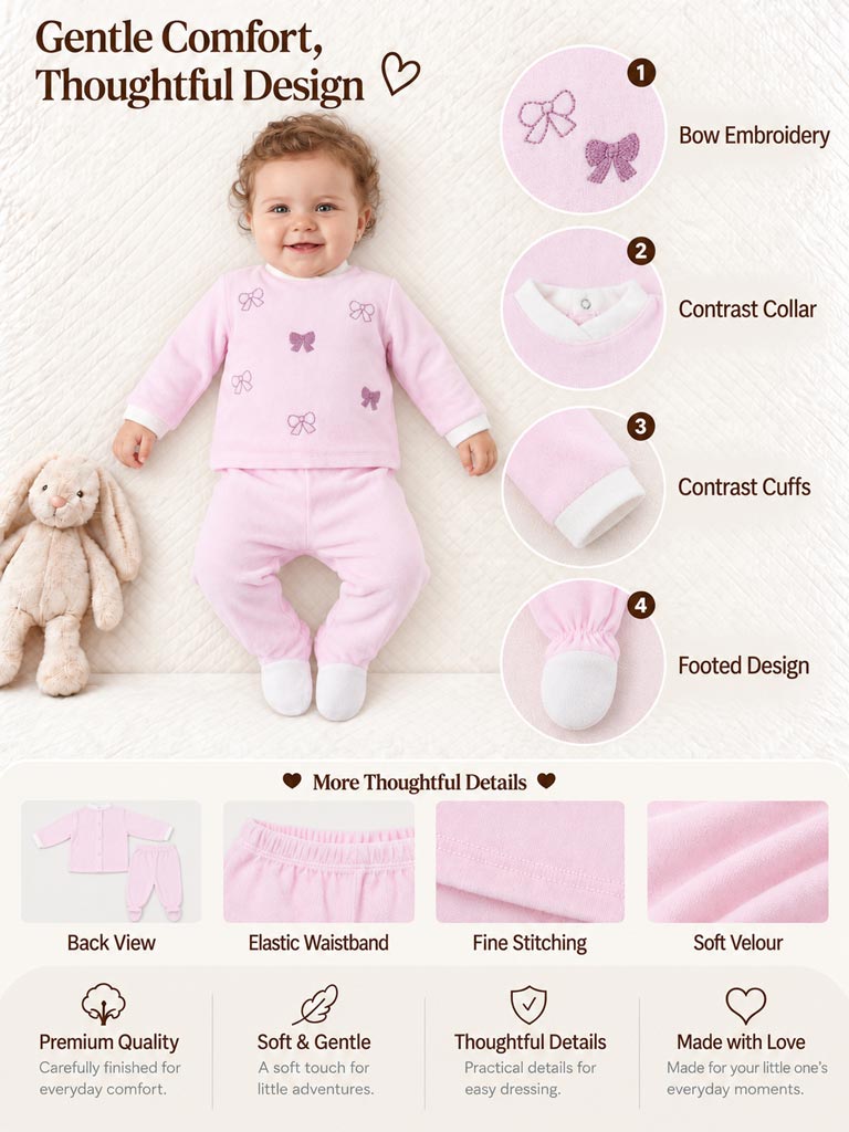 Baby Girl Bettina Collection 2-Piece Velour Pyjama Set with Bows Design - Baby Pink