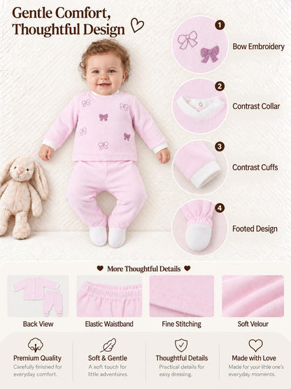 Baby Girl Bettina Collection 2-Piece Velour Pyjama Set with Bows Design - Baby Pink