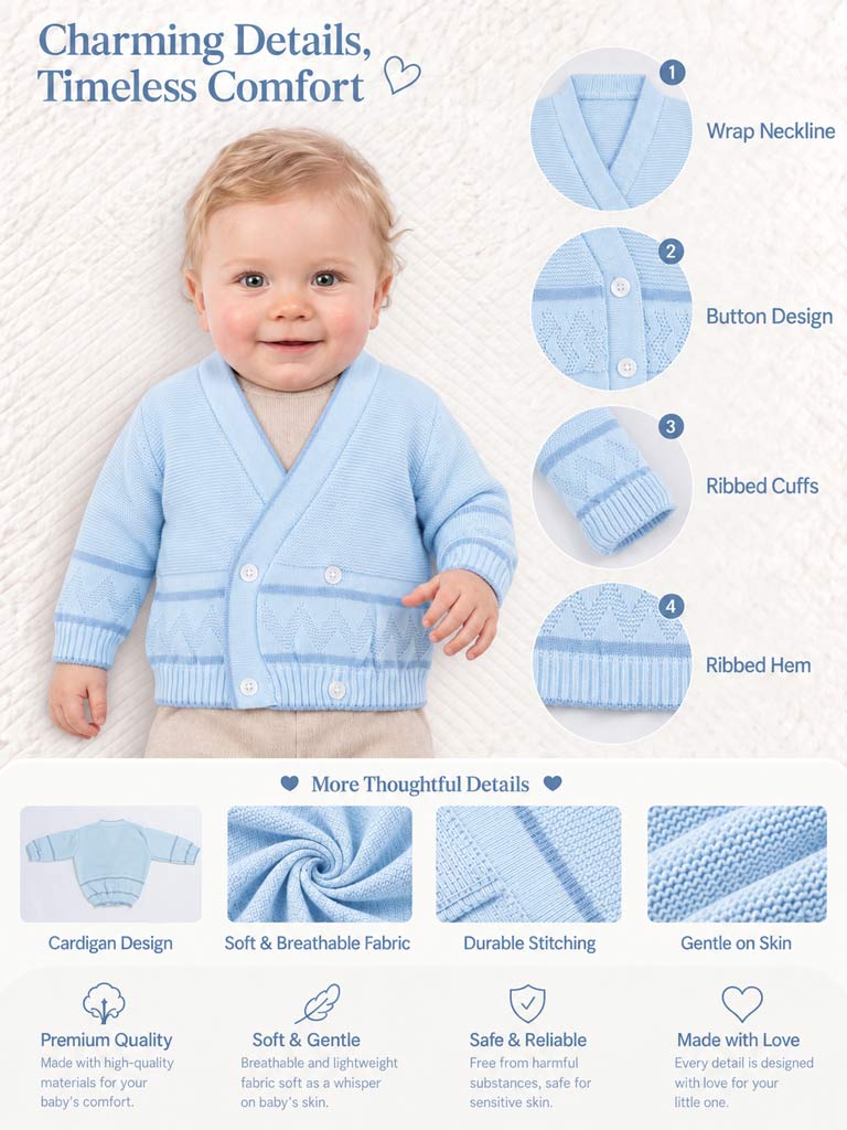 Baby Knitted Cardigan with Zigzag Pattern Detail & Gift Box - Baby Blue & Dark Blue