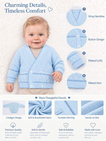 Baby Knitted Cardigan with Zigzag Pattern Detail & Gift Box - Baby Blue & Dark Blue