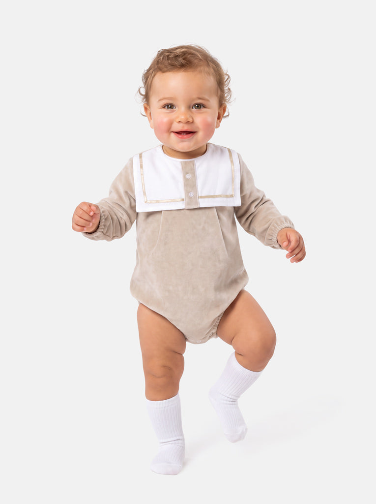 Baby Boy Valentin Collection Velour Romper with Sailor Collar - Beige