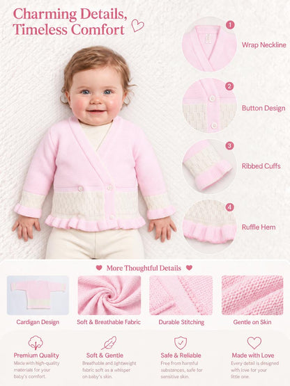 Baby Knitted Cardigan with Two-Tone Patterned Detail & Gift Box - Baby Pink & Ivory