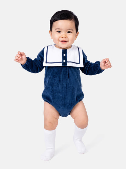 Baby Boy Valentin Collection Velour Romper with Sailor Collar - Navy Blue