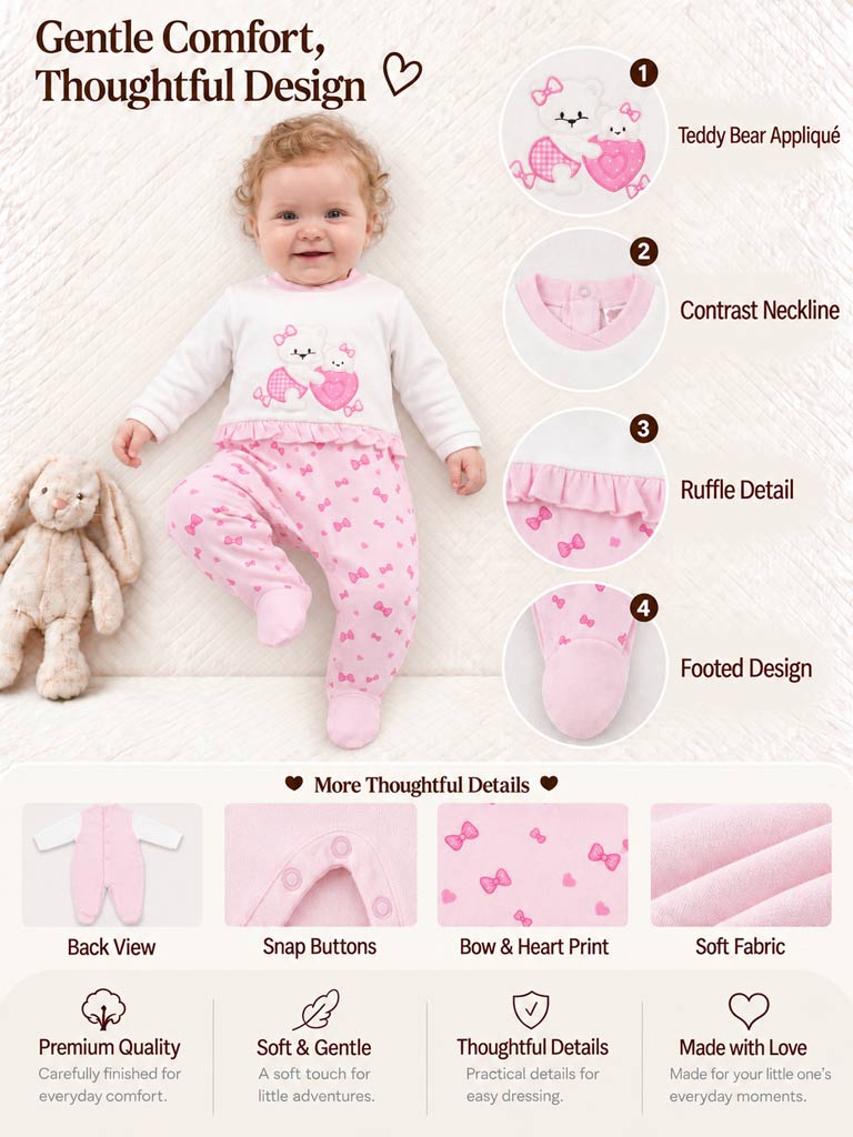 Baby Grow for Girls with Teddies & Hearts Gianna Collection - Baby Pink