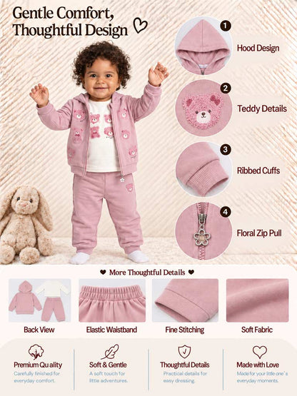 Baby Girl Leonora Collection 3-Piece Hooded Tracksuit Set with Teddy Design - Dusty Pink