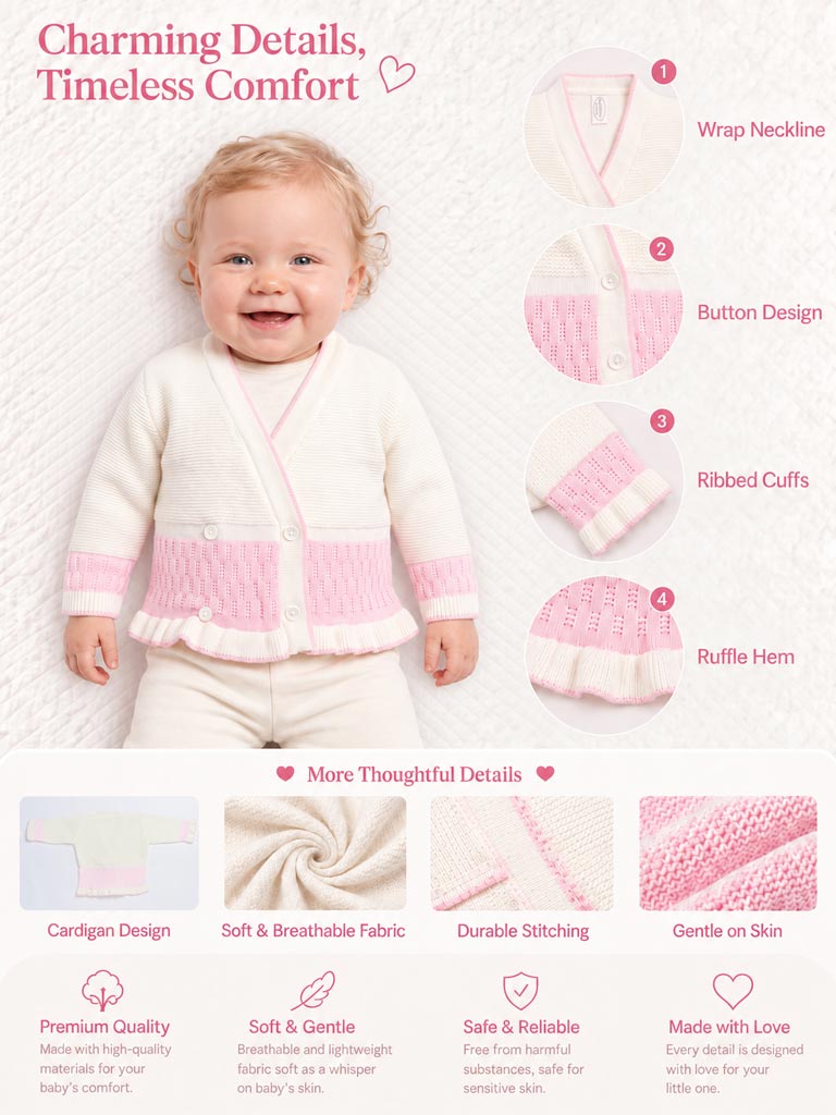 Baby Knitted Cardigan with Two-Tone Patterned Detail & Gift Box - Ivory & Baby Pink