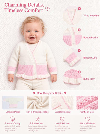 Baby Knitted Cardigan with Two-Tone Patterned Detail & Gift Box - Ivory & Baby Pink