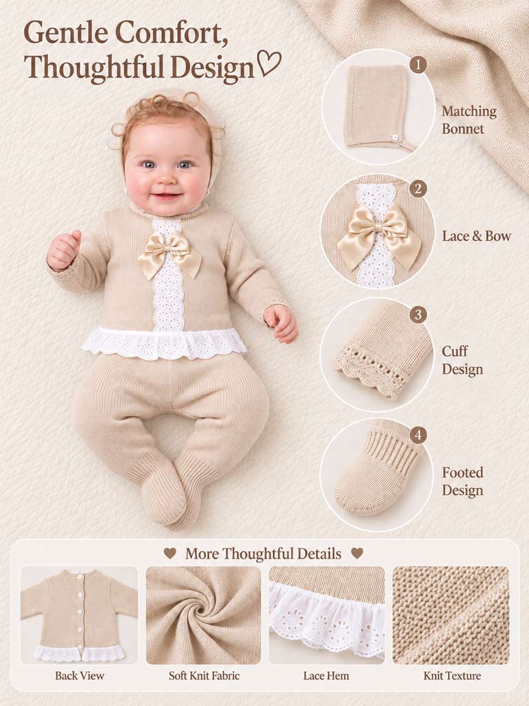 Baby Girl Carmina Collection 3-piece Spanish Knitted Set - Beige