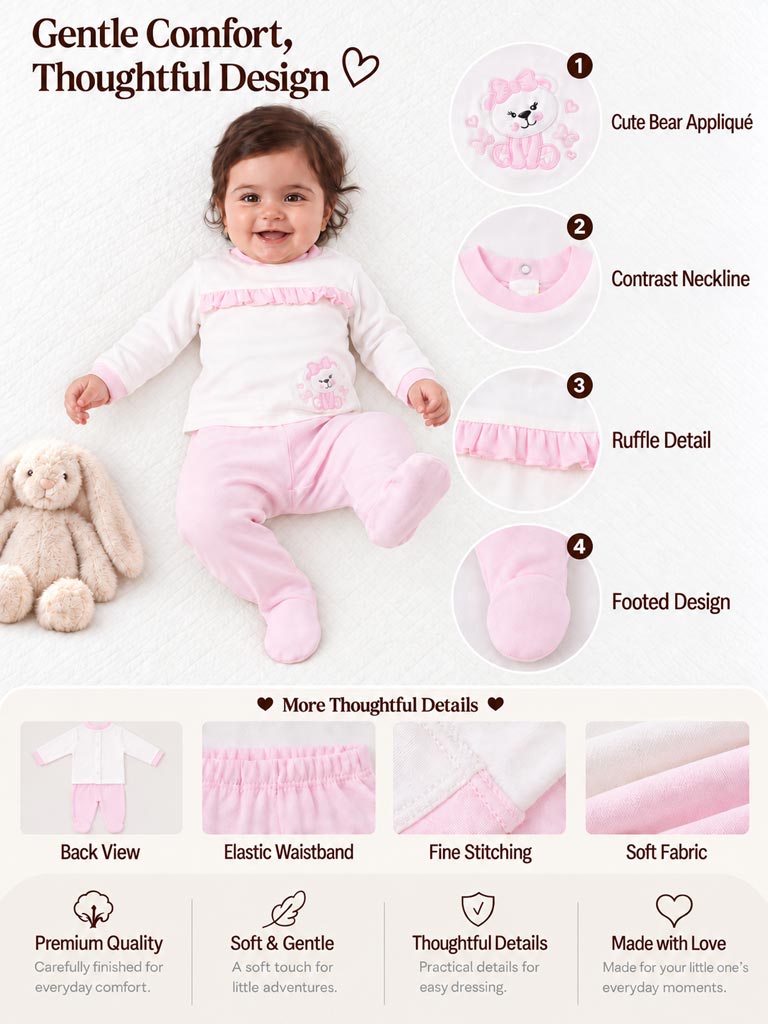 Baby Girl Giulia Collection 2-Piece Pyjama Set with Teddy Embroidery - Baby Pink