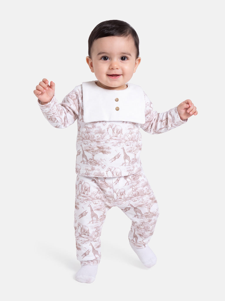 Baby Velour 2-Piece Pyjama Set with Attached Bib and Buttons - Safari Collection - Beige