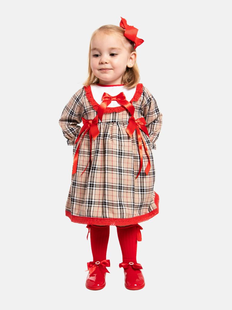 Baby Girl Little Reindeer Collection Tartan Dress with 3 Satin Bows - Beige
