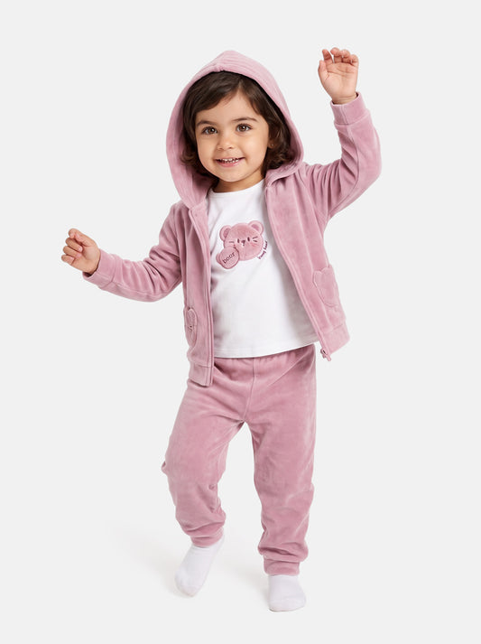 Baby Girl Gia Collection 3-Piece Tracksuit Set with Teddy Appliqué - Dusty Pink