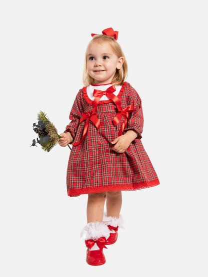 Baby Girl Little Reindeer Collection Tartan Dress with 3 Satin Bows - Red