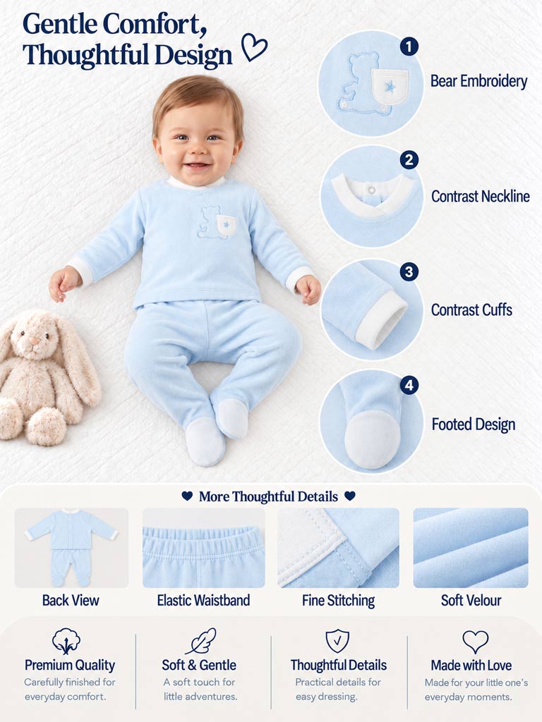 Baby Boy Elio Collection 2-Piece Velour Pyjama Set with Teddy Embroidery - Baby Blue