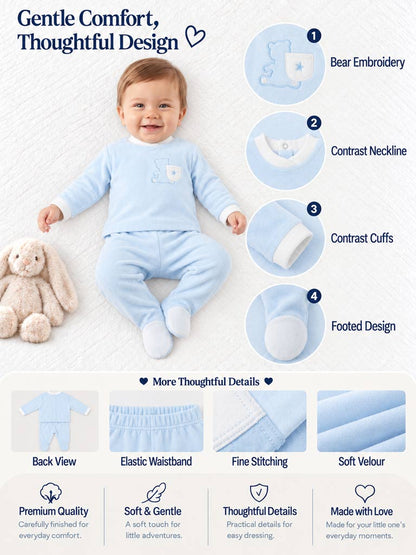 Baby Boy Elio Collection 2-Piece Velour Pyjama Set with Teddy Embroidery - Baby Blue