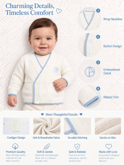 Baby Knitted Cardigan with Embroidered Detail & Gift Box - Ivory & Dark Blue