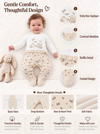 Baby Grow for Girls with Teddies & Hearts Gianna Collection - Beige