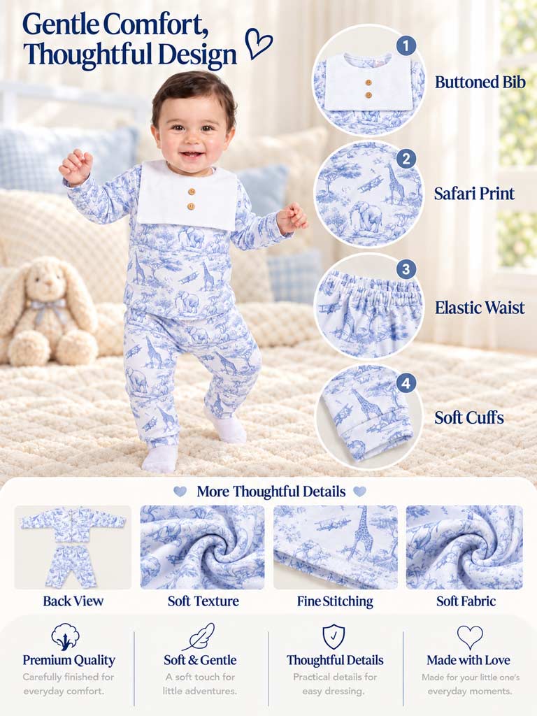 Baby Velour 2-Piece Pyjama Set with Attached Bib and Buttons - Safari Collection - Baby Blue