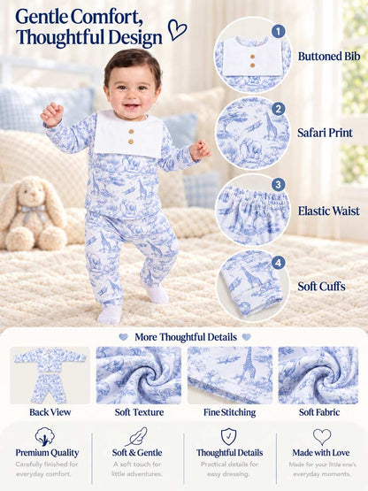Baby Velour 2-Piece Pyjama Set with Attached Bib and Buttons - Safari Collection - Baby Blue