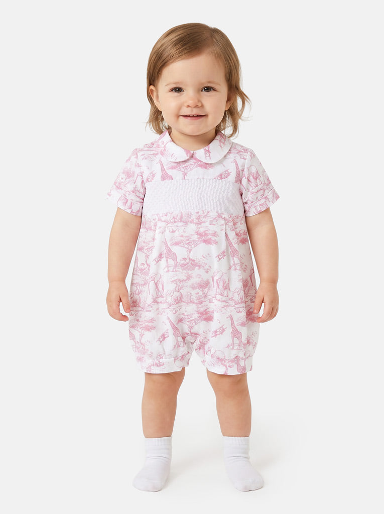 Baby Smocked Summer Romper Safari Collection - Baby Pink