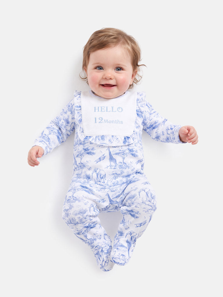 "Hello 1,3,6,12 Months" Embroidered Baby Grow with Frilled Bib - Safari Collection - Baby Blue