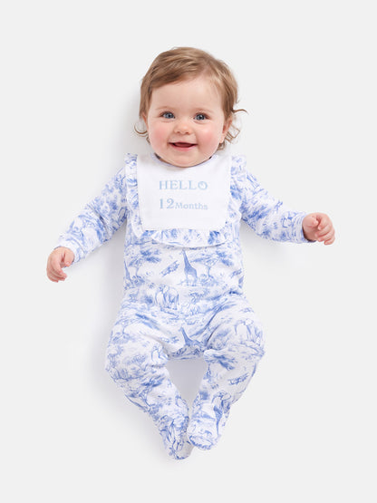 "Hello 1,3,6,12 Months" Embroidered Baby Grow with Frilled Bib - Safari Collection - Baby Blue