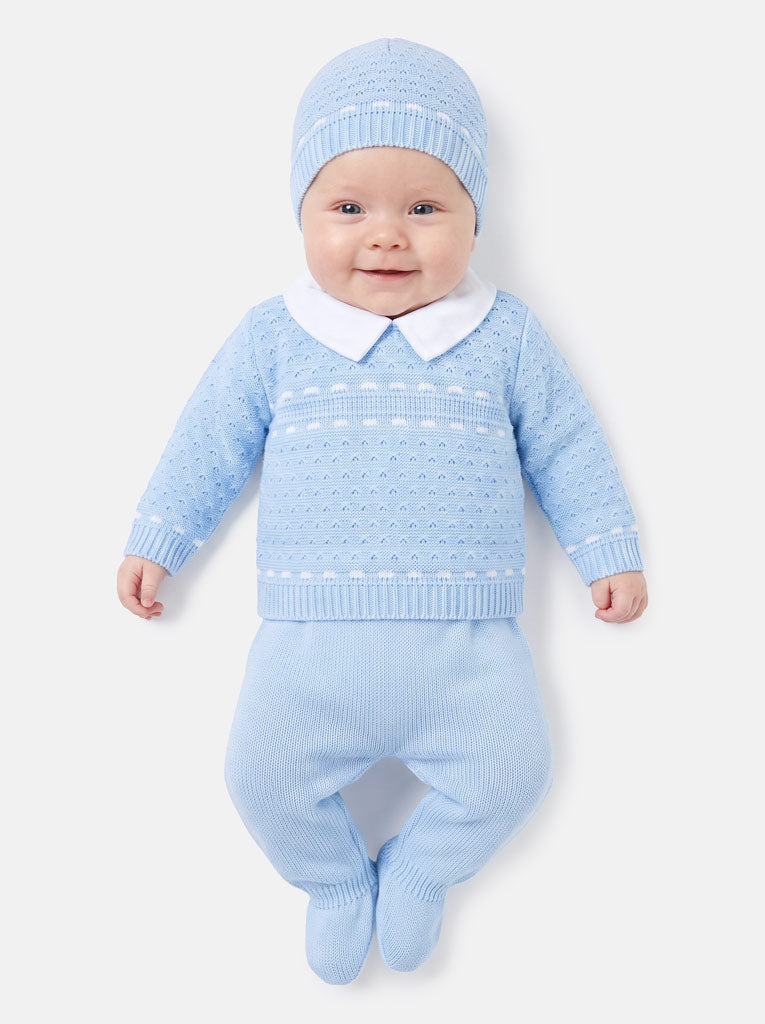 Baby Boy Dotted Textured Knitted 3-piece Gift Box Set - Baby Blue