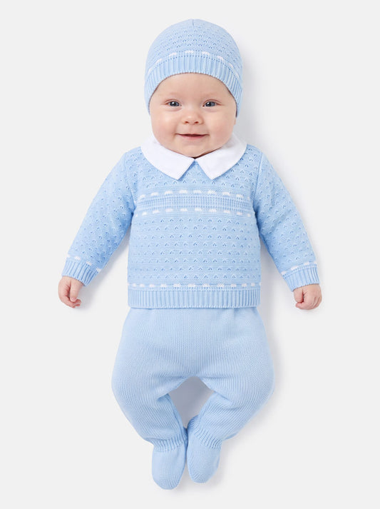 Baby Boy Dotted Textured Knitted 3-piece Gift Box Set - Baby Blue