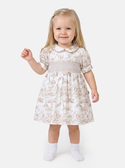 Baby Girl Smocked Summer Dress Safari Collection - Beige