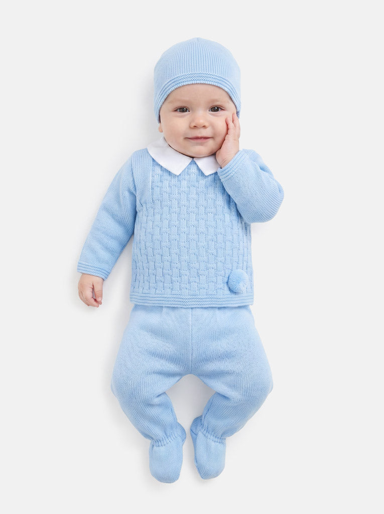 Baby Boy Traditional Pom Pom 3-piece Knitted Gift Box Set - Baby Blue