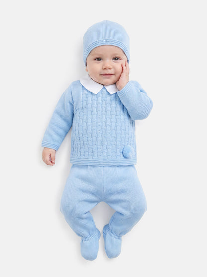 Baby Boy Traditional Pom Pom 3-piece Knitted Gift Box Set - Baby Blue