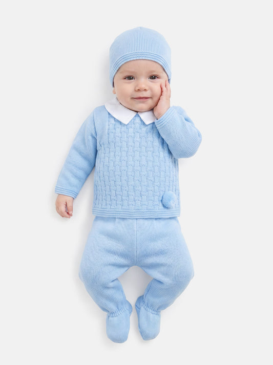 Baby Boy Traditional Pom Pom 3-piece Knitted Gift Box Set - Baby Blue