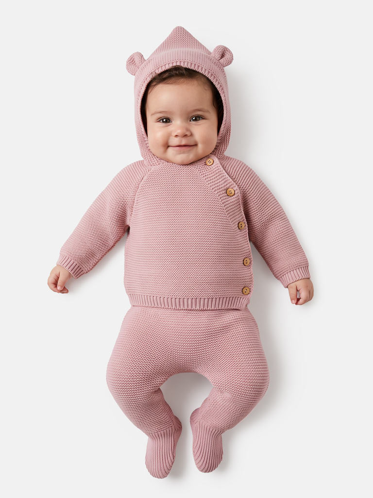 Baby 2-Piece Knitted Set with Hooded Top & Footed Trousers - Dusty Pink