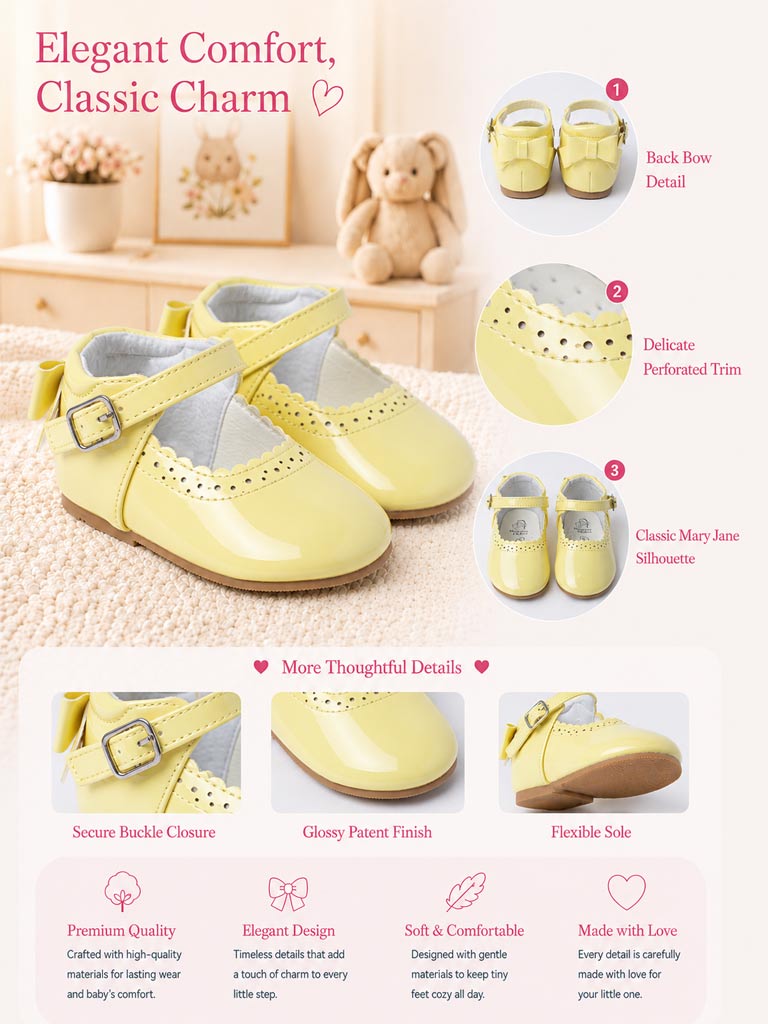 Baby Girl M&B Shoes with Back Bow - Lemon Yellow
