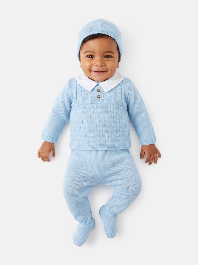 Baby Boy Collared Neck & Button Detail 3-Piece Knitted Gift Box Set - Baby Blue
