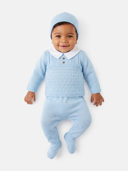 Baby Boy Collared Neck & Button Detail 3-Piece Knitted Gift Box Set - Baby Blue