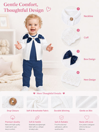 Baby Girl Cardigan with 2 Big Bows - White & Navy