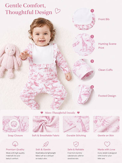 Cotton Baby Grow for Girls with Frilly Bib - Safari Collection - Baby Pink
